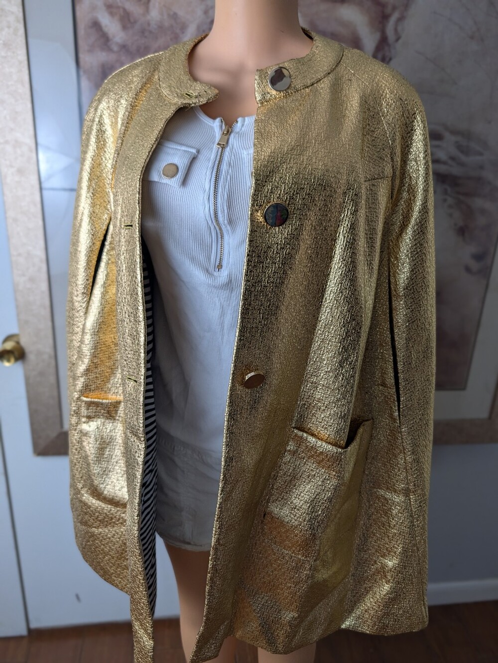 BURU Gold Metallic Cape Jacket Size M(Has Peeling Around Collar& Pockets)